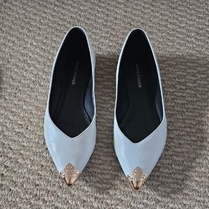 Marc Fisher White Pointed Toe Flats with Gold Ornate Cap